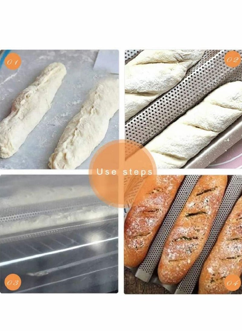 الأزرق جي دبليو Baguette Baking Tray Non-Stick Perforated French Bread Stick Pan Mould Loaf 4 Trough Loaves Wave Baker for Oven (Silver) - Image 3