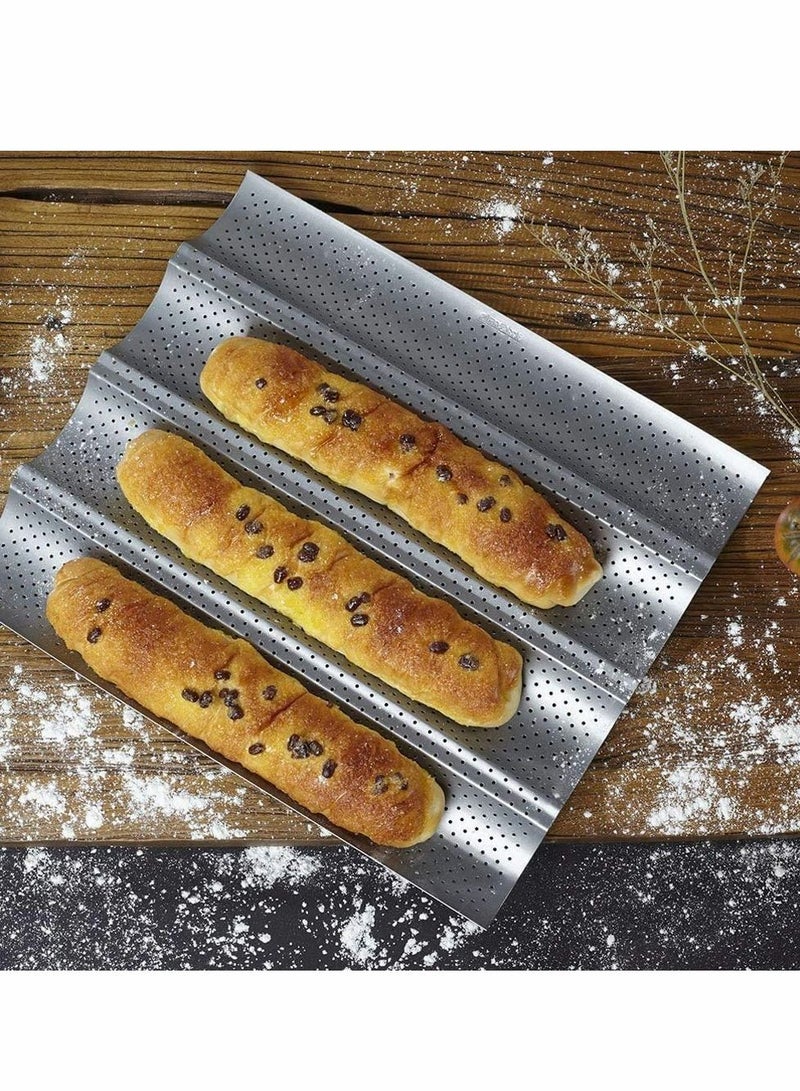 الأزرق جي دبليو Baguette Baking Tray Non-Stick Perforated French Bread Stick Pan Mould Loaf 4 Trough Loaves Wave Baker for Oven (Silver) - Image 4