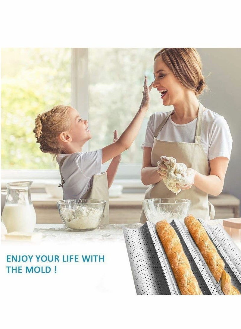 الأزرق جي دبليو Baguette Baking Tray Non-Stick Perforated French Bread Stick Pan Mould Loaf 4 Trough Loaves Wave Baker for Oven (Silver) - Image 2