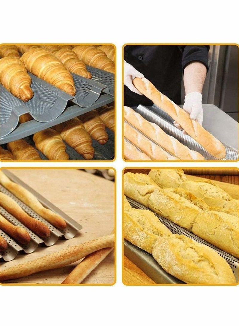 الأزرق جي دبليو Baguette Baking Tray Non-Stick Perforated French Bread Stick Pan Mould Loaf 4 Trough Loaves Wave Baker for Oven (Silver) - Image 5