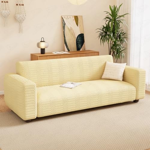 Lukzer 1 Seater Pastel Yellow Dotted Stripe Pattern Sofa Cover | 240 GSM Universal Stretch Fit Jacquard Fabric Couch Protector | Fully Covered Anti Slip & Washable Sofa Cover (90-140cm/SC-070-01) - Image 3