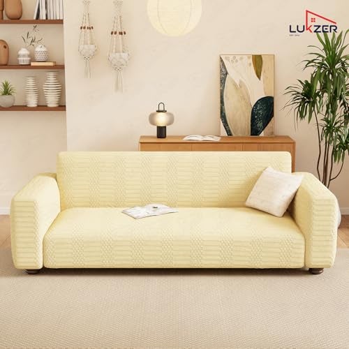 Lukzer 1 Seater Pastel Yellow Dotted Stripe Pattern Sofa Cover | 240 GSM Universal Stretch Fit Jacquard Fabric Couch Protector | Fully Covered Anti Slip & Washable Sofa Cover (90-140cm/SC-070-01) - Image 5