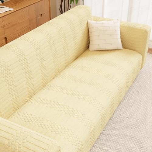 Lukzer 1 Seater Pastel Yellow Dotted Stripe Pattern Sofa Cover | 240 GSM Universal Stretch Fit Jacquard Fabric Couch Protector | Fully Covered Anti Slip & Washable Sofa Cover (90-140cm/SC-070-01) - Image 1