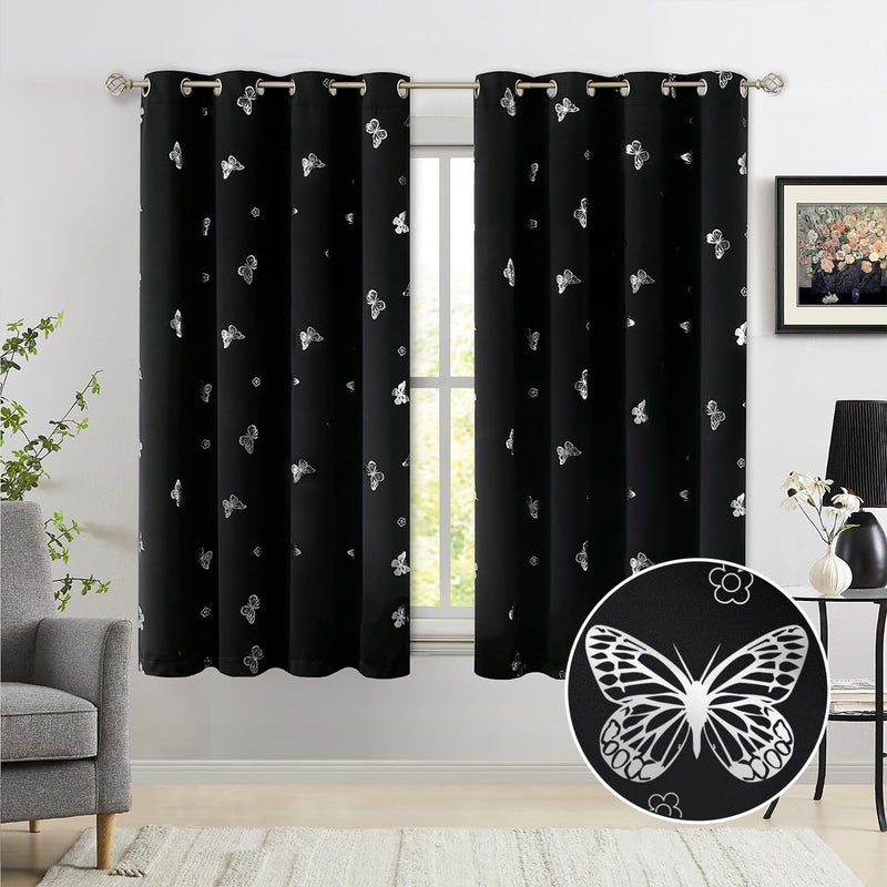 Jubilantex Black Silver Butterfly Blackout Curtains Metallic 63" Long for Bedroom Nursery Thermal Insulated Window Curtains Grommet 52" Wide,2 Panels - Image 1
