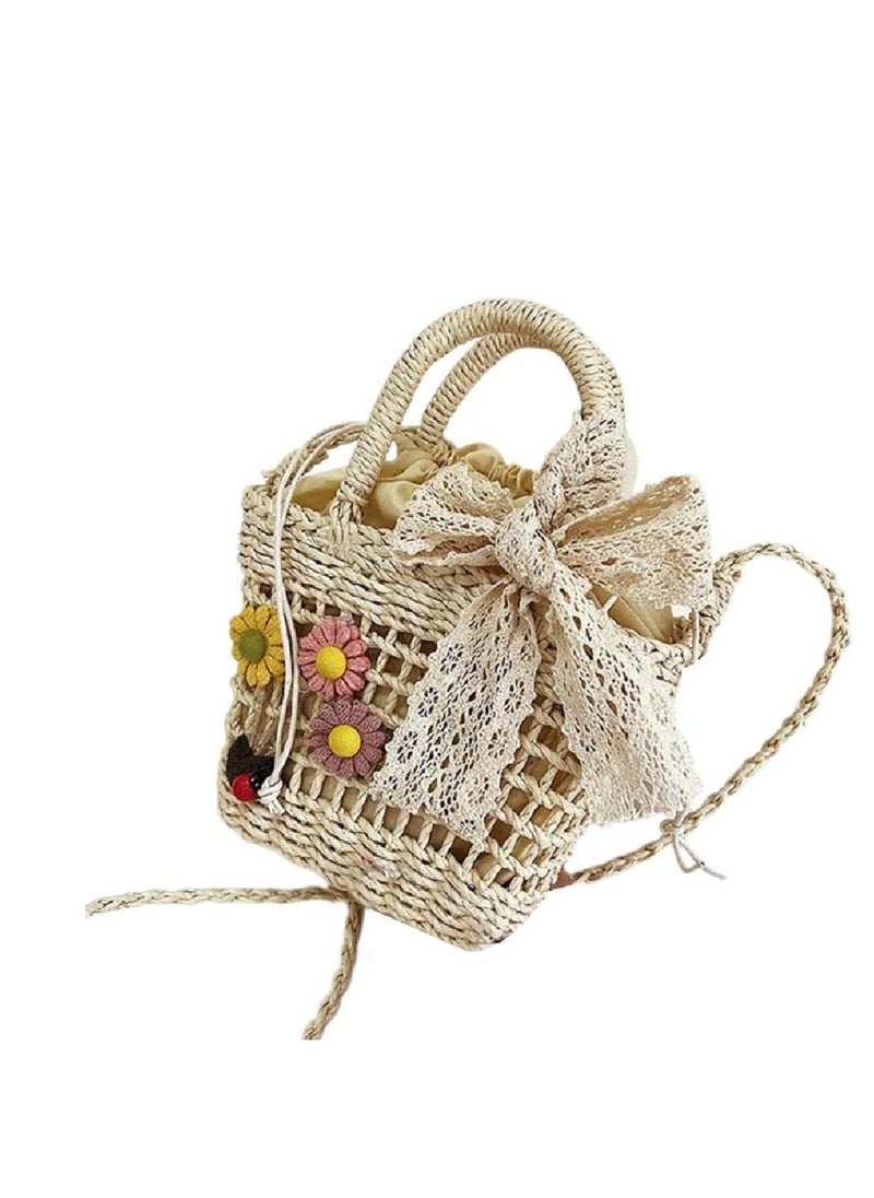 SYOSI Women Straw Shoulder Bag Retro Crossbody Bag Female Messenger Bag Girl Hand-woven Bucket Bag Vintage Flower Beach-Bag women straw shoulder bag hand-woven bucket bag messenger bag beach-bag Beige  - Image 1