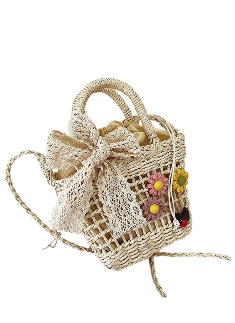 SYOSI Women Straw Shoulder Bag Retro Crossbody Bag Female Messenger Bag Girl Hand-woven Bucket Bag Vintage Flower Beach-Bag women straw shoulder bag hand-woven bucket bag messenger bag beach-bag Beige  - Image 4