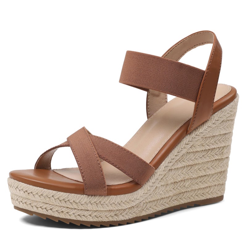 mikarka Women's Open Toe Espadrilles Wedge Sandal Slip On Elastic Ankle Strap Platform Sandals Dressy Comfortable Wedges Shoe Brown Size 8 - Image 1