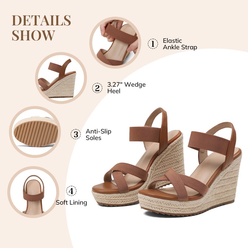 mikarka Women's Open Toe Espadrilles Wedge Sandal Slip On Elastic Ankle Strap Platform Sandals Dressy Comfortable Wedges Shoe Brown Size 8 - Image 5