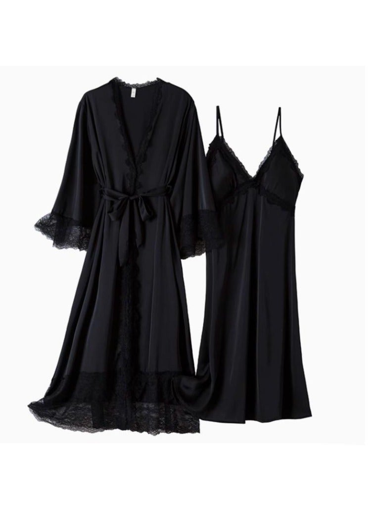 Lace Pajama Women's Thin Ice Silk Two-Piece Set With Suspender Nightgown, Nightgown Extended Version - Image 1