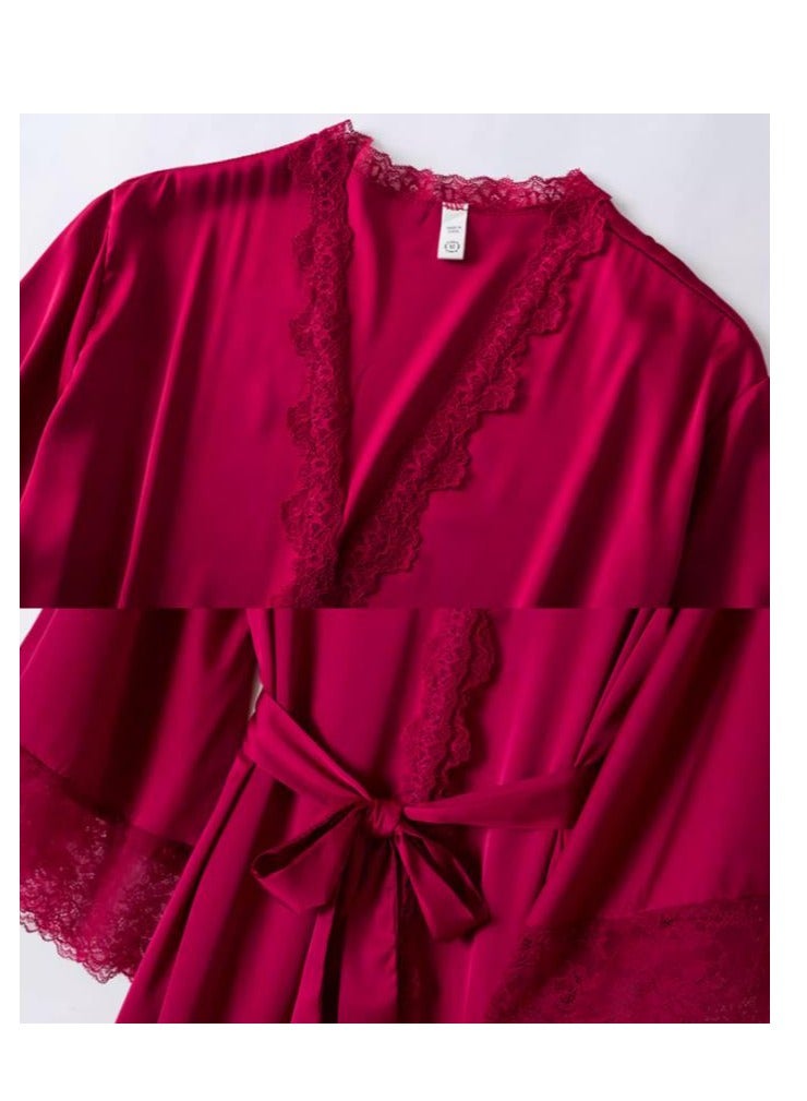 Lace Pajama Women's Thin Ice Silk Two-Piece Set With Suspender Nightgown, Nightgown Extended Version - Image 2