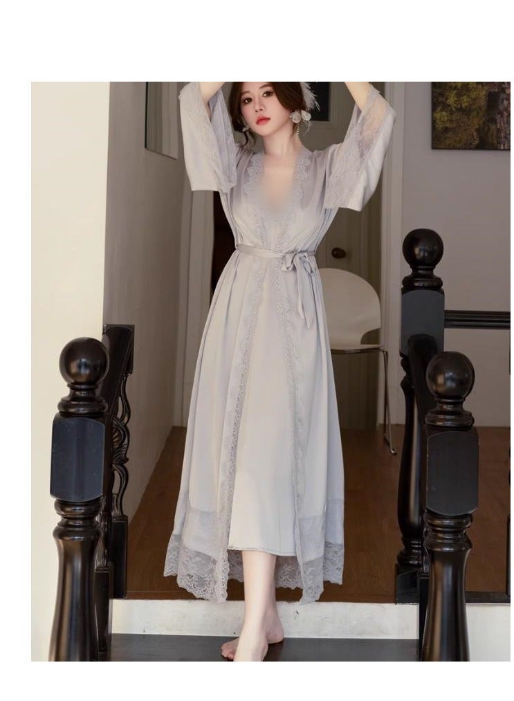 Lace Pajama Women's Thin Ice Silk Two-Piece Set With Suspender Nightgown, Nightgown Extended Version - Image 3