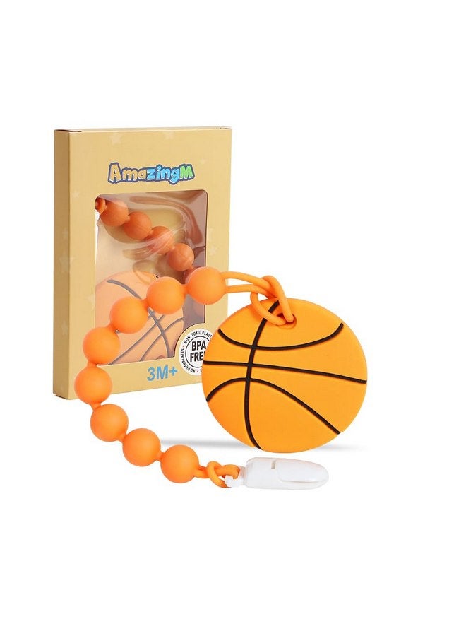 AmazingM Baby Food Grade Silicone Sport Ball Teether Toy with One Piece Design Pacifier Clip Holder,Teething Pain Relief Toys Gift Set for 3 Months+ Boys and Girls,Freezer Safe,BPA Free. (Basketball) - Image 1