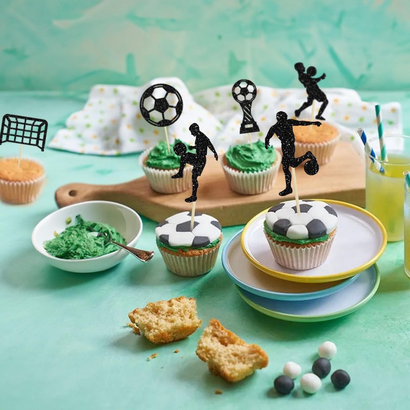 Ephlyn 24Pcs Soccer Cupcake Toppers Glitter Soccer Ball Cupcake Picks Sport Cake Decorations Football Theme Birthday Party Baby Shower Kids Boys Men Birthday Party Favors Supplies Black - Image 5