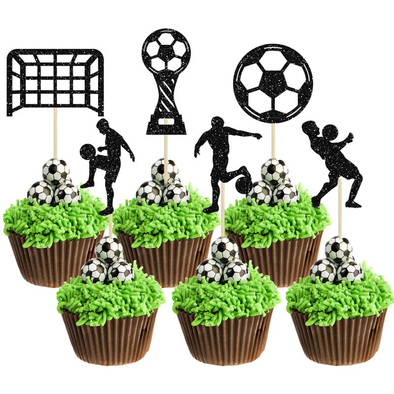 Ephlyn 24Pcs Soccer Cupcake Toppers Glitter Soccer Ball Cupcake Picks Sport Cake Decorations Football Theme Birthday Party Baby Shower Kids Boys Men Birthday Party Favors Supplies Black - Image 1