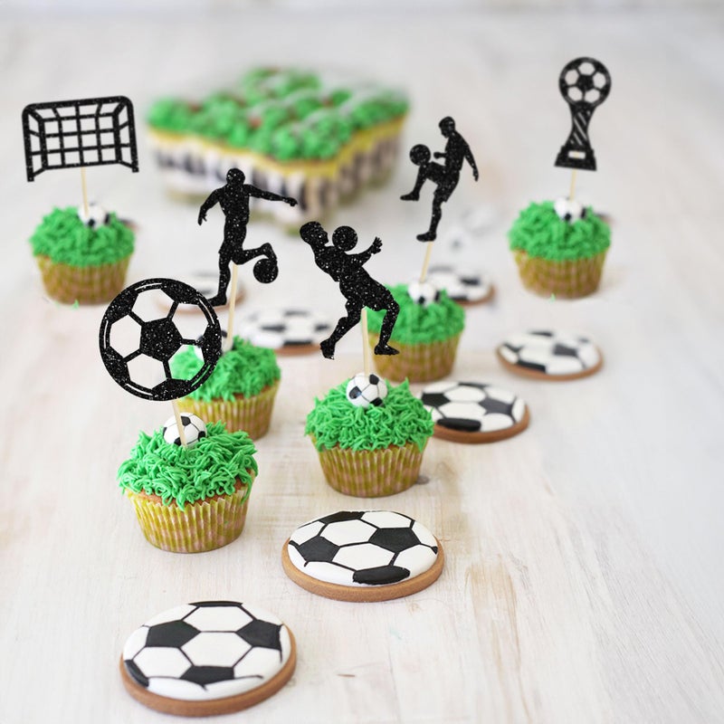 Ephlyn 24Pcs Soccer Cupcake Toppers Glitter Soccer Ball Cupcake Picks Sport Cake Decorations Football Theme Birthday Party Baby Shower Kids Boys Men Birthday Party Favors Supplies Black - Image 4