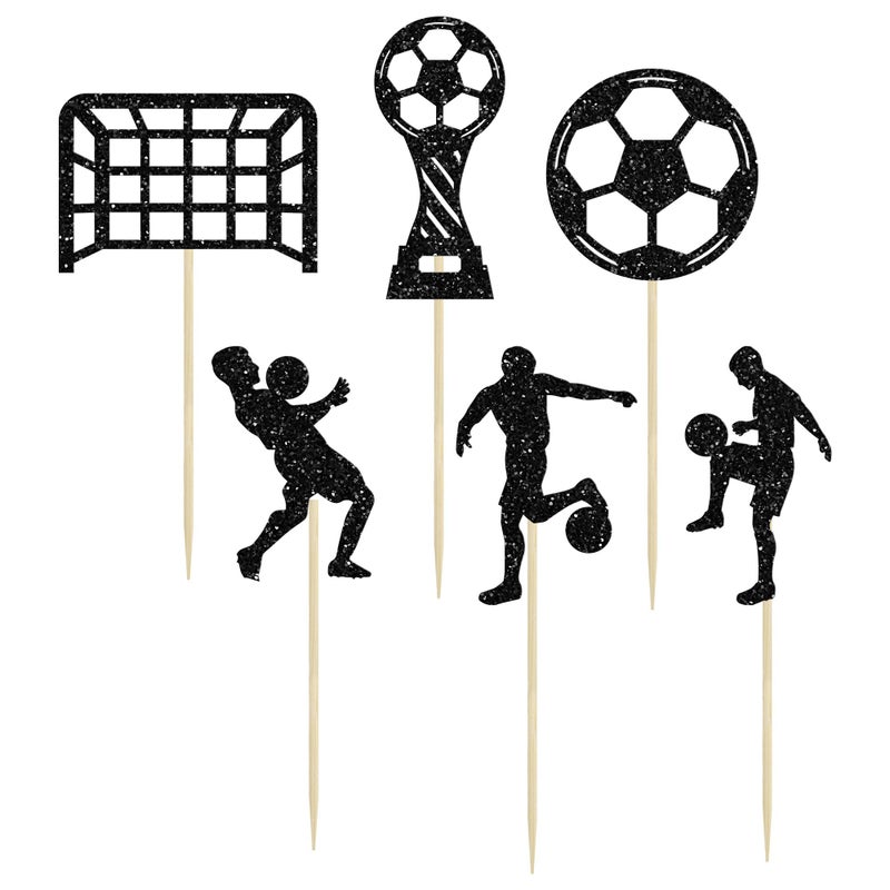 Ephlyn 24Pcs Soccer Cupcake Toppers Glitter Soccer Ball Cupcake Picks Sport Cake Decorations Football Theme Birthday Party Baby Shower Kids Boys Men Birthday Party Favors Supplies Black - Image 3