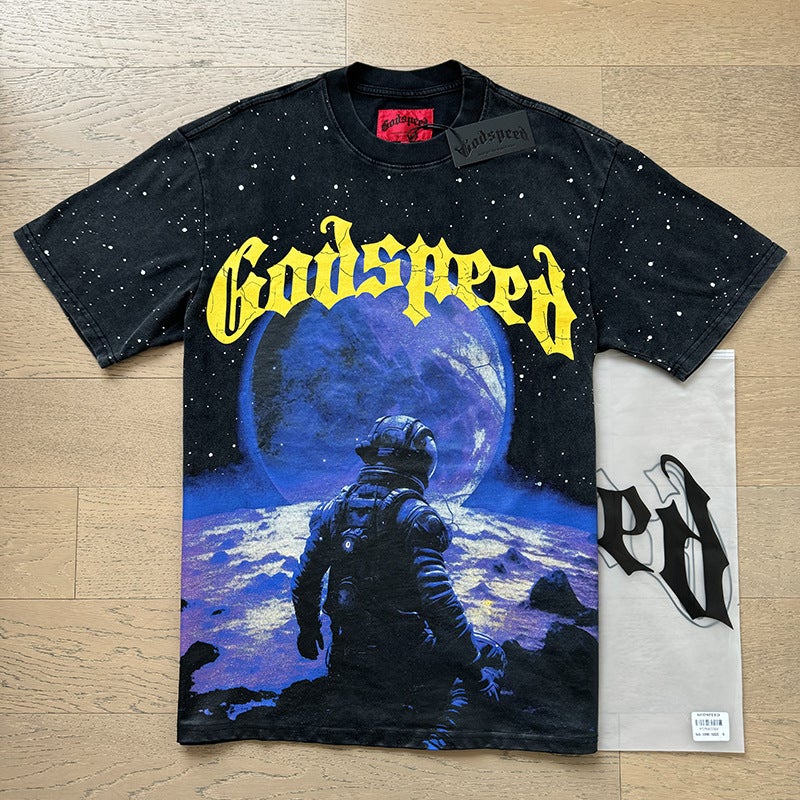 2025 Cross-border Summer New American Style Loose Street Retro T-shirt Fashion Brand Short-sleeved GODSPEED Digital Printing - Image 1