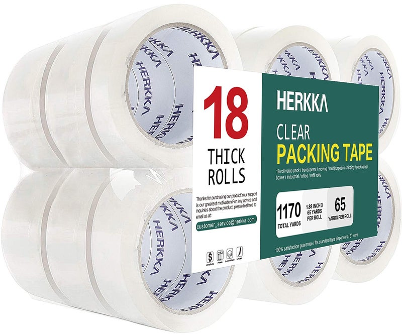 HERKKA Clear Packing Tape, 18 Rolls Heavy Duty Packaging Tape for Shipping Packaging Moving Sealing, Thicker Clear Packing Tape, 1.88 inches Wide, 65 Yards Per Roll, 1170 Total Yards - Image 1