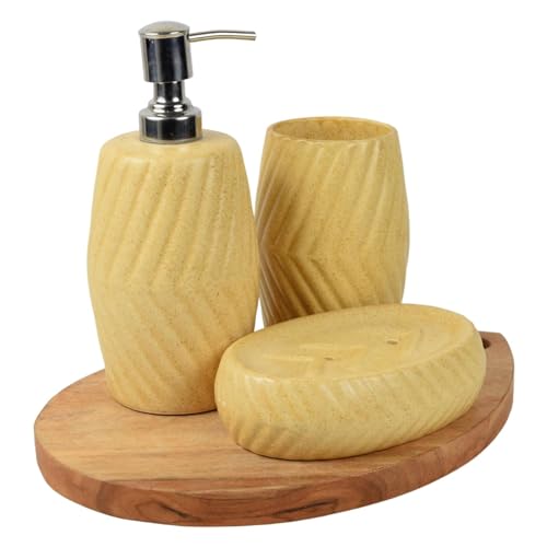 Kaolinite Ceramic Bathroom Accessories Set for Utility and Bathroom Decor | Liquid Soap Dispenser, soap Tray, Toothbrush Holder Matt Yellow (NWR_39) - Image 2