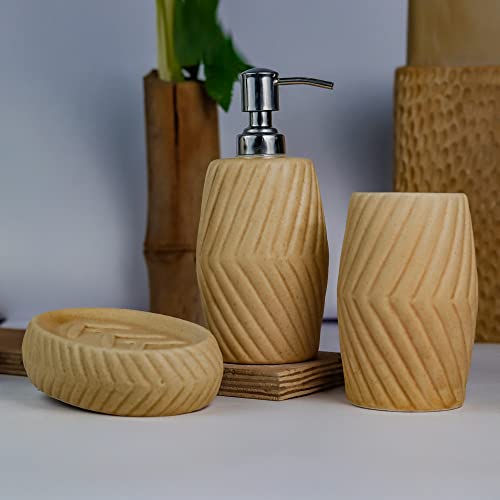 Kaolinite Ceramic Bathroom Accessories Set for Utility and Bathroom Decor | Liquid Soap Dispenser, soap Tray, Toothbrush Holder Matt Yellow (NWR_39) - Image 1