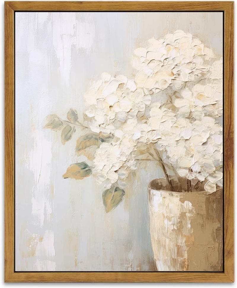 KBKBART Framed Wall Art Vintage  Farmhouse Decor White Hydrangeas Muted Vintage Floral Bathroom Canvas Painting  Flower Prints Canvas Wall Art for Bedroom  Living Room  Gallery  Vintage Wall Decor(8""x10"") - Image 1
