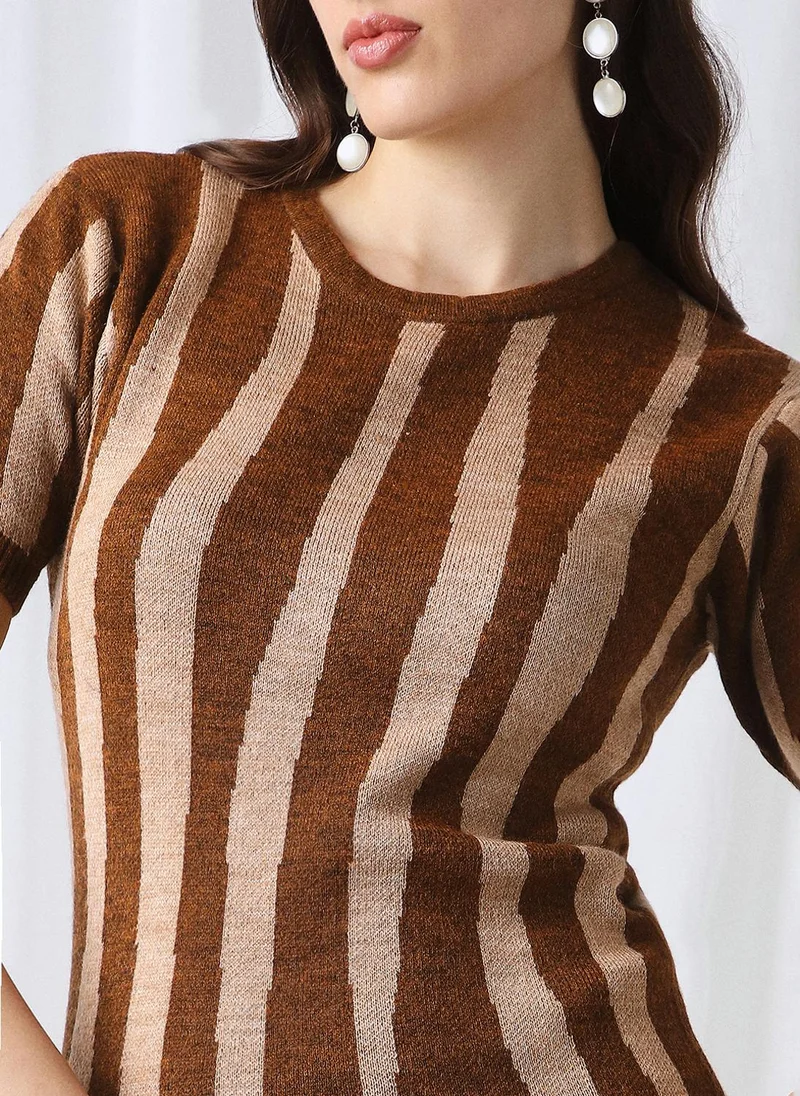 globus Globus Women Brown Round Neck Short Sleeves Abstract Ribbed Hem Acrylic Mini Bodycon Dress