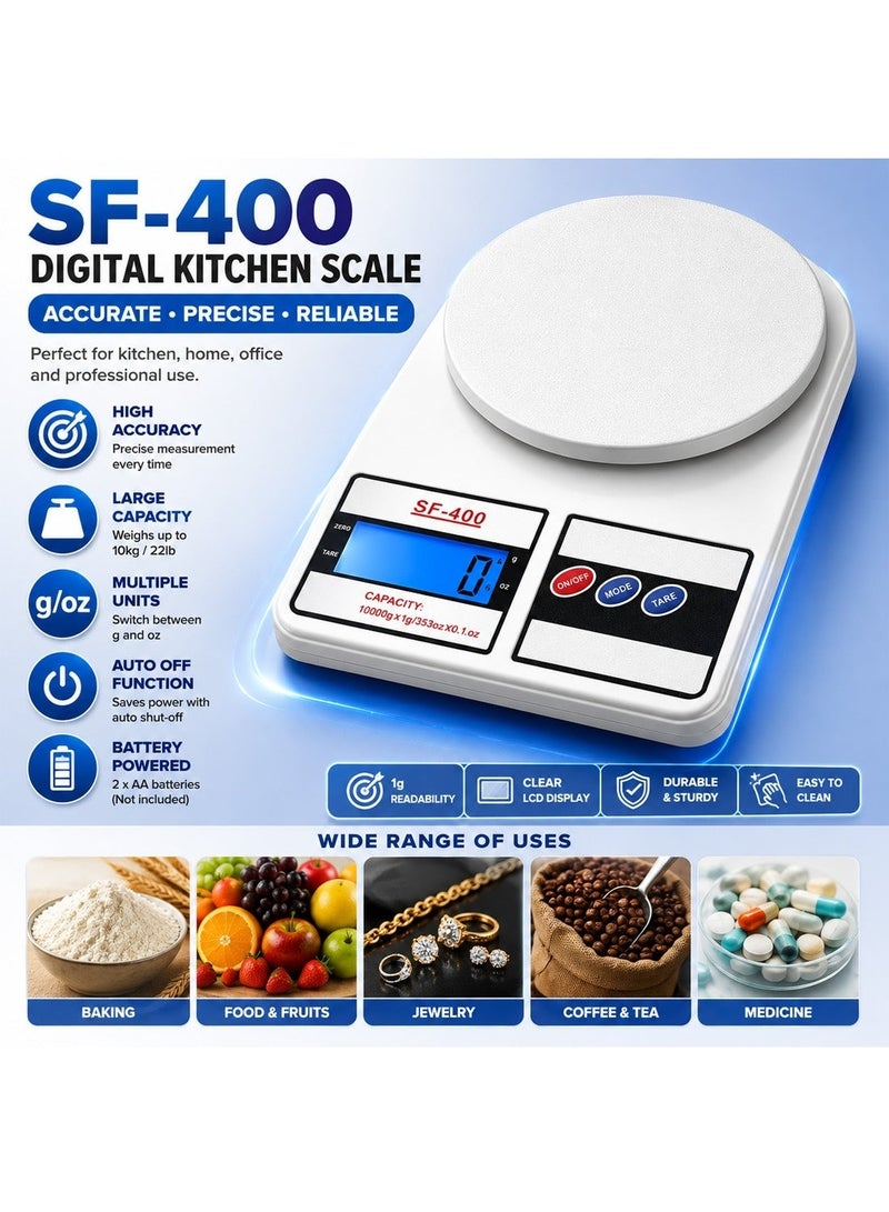 Wtech SF-400 Digital Kitchen Scale 1Gm to 10Kg Weighing Machine - White - Image 2