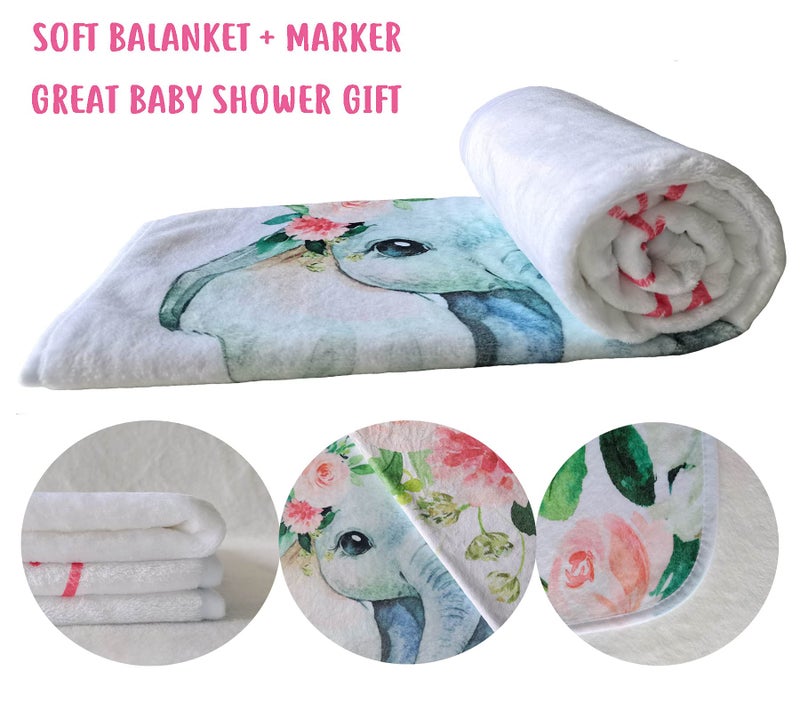 Popfavors Floral Elephant Baby Monthly Milestone Blanket, Jungle Elephant Girl's Soft Fleece Monthly Milestone Blanket, Girl Elephant Nursery Infant Newborn, Includes Marker (White, 50"x40") - Image 5