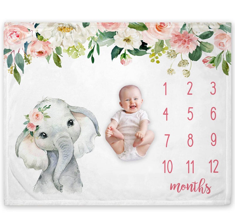Popfavors Floral Elephant Baby Monthly Milestone Blanket, Jungle Elephant Girl's Soft Fleece Monthly Milestone Blanket, Girl Elephant Nursery Infant Newborn, Includes Marker (White, 50"x40") - Image 1