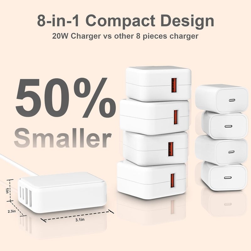 VHBW 8-Port USB Charger, Multi-Port Travel USB C Charger, Mini Charging Station with USB C and USB A Ports, Charging Station Block(White) - Image 5