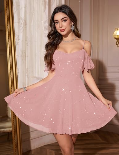 Meetjen Sparkly Dress for Women Formal Party Short Off Shoulder Homecoming Dresses for Teens Girls Wedding Guest Prom Vestidos De Fiesta Pink M - Image 3