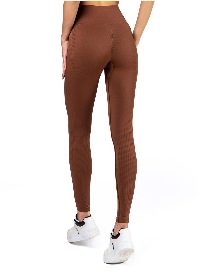 Bernessi Nylon Women's High Waist Ladies Yoga Leggings with Tummy Control Sports Workout Running Fitness Gym Pants Textured Brown  - Image 2