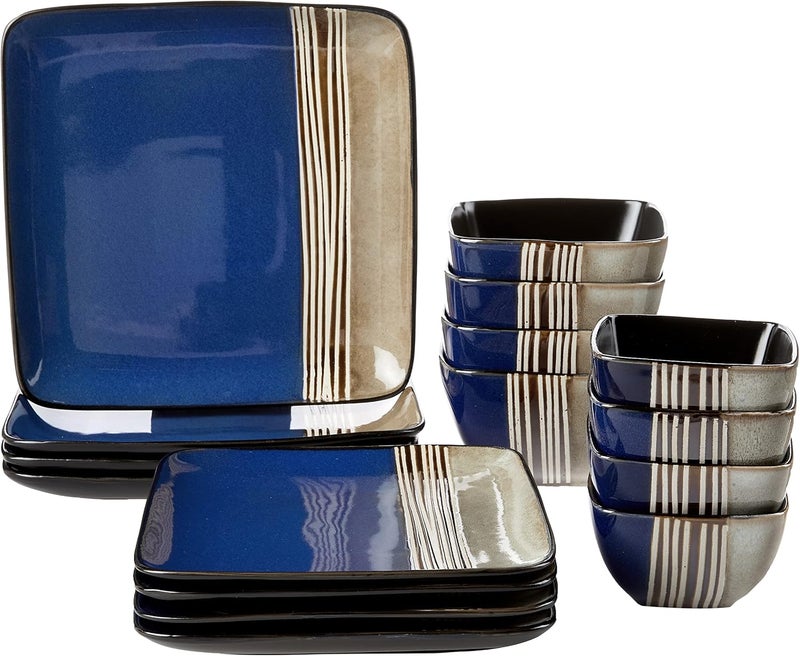 Elama Square Stoneware Loft Collection Dinnerware Dish Set 16 Piece Blue and Tan with White Accents - Image 1