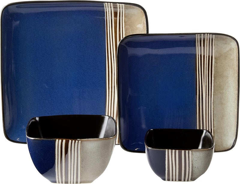 Elama Square Stoneware Loft Collection Dinnerware Dish Set 16 Piece Blue and Tan with White Accents - Image 2