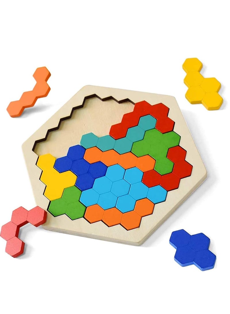 Bukela Wooden Blocks Puzzle for Kid Adults Brain Teaser Hexagon Puzzles Games Toy Shape Pattern Block Tangram Geometry Logic IQ Educational Gift for All Ages Boys Girls Challenge - Image 1