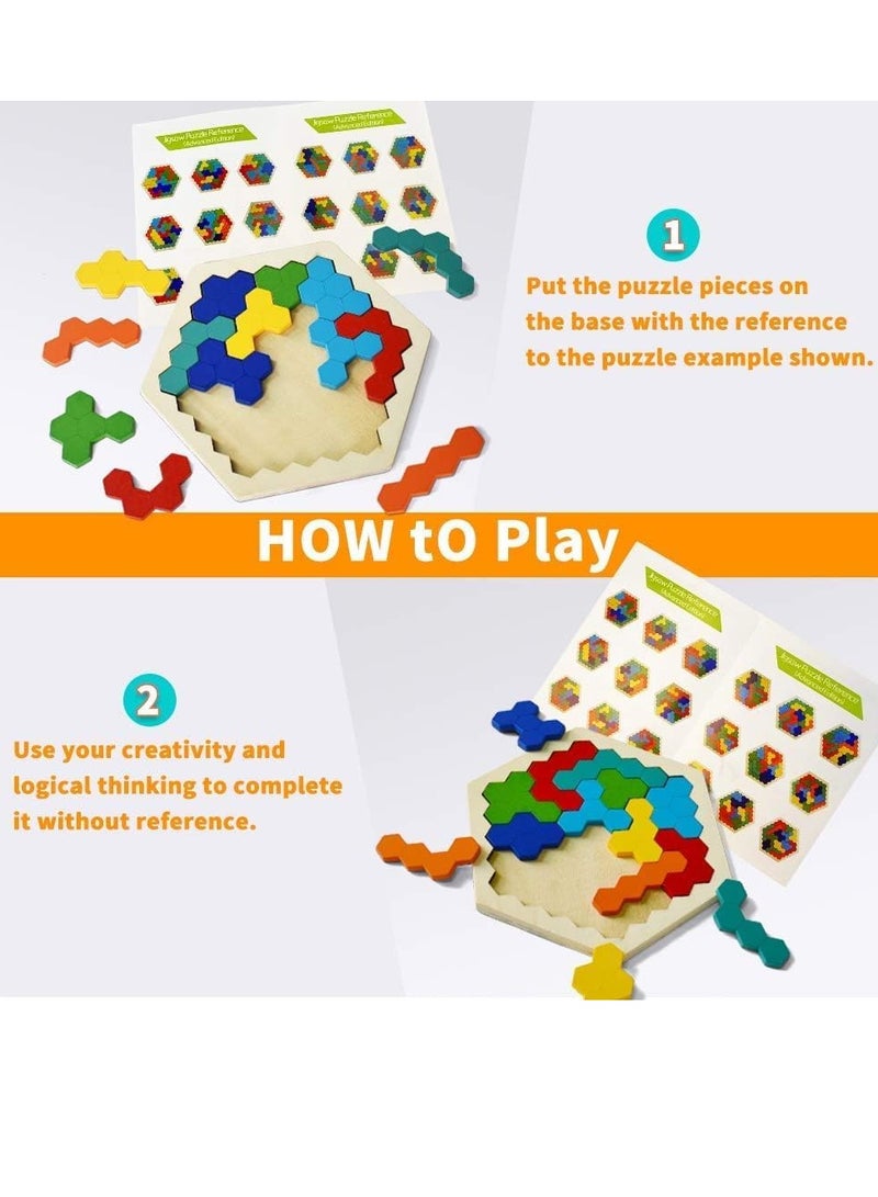 Bukela Wooden Blocks Puzzle for Kid Adults Brain Teaser Hexagon Puzzles Games Toy Shape Pattern Block Tangram Geometry Logic IQ Educational Gift for All Ages Boys Girls Challenge - Image 3