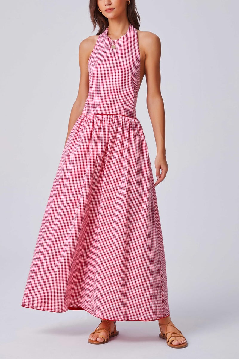 Kedera Womens Gingham Halter Maxi Dress Sleeveless High Neck Backless Red Bow Tie Long Dresses Summer Party - Image 3