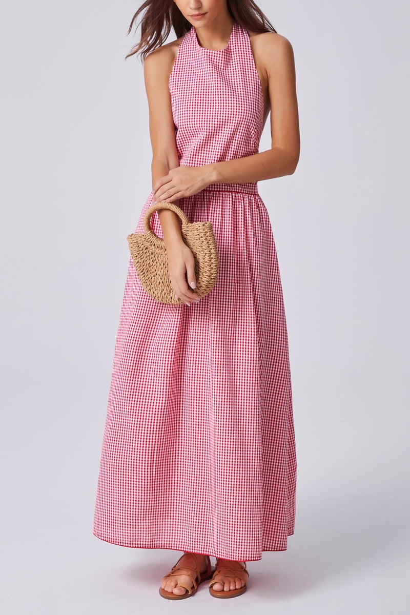 Kedera Womens Gingham Halter Maxi Dress Sleeveless High Neck Backless Red Bow Tie Long Dresses Summer Party - Image 5
