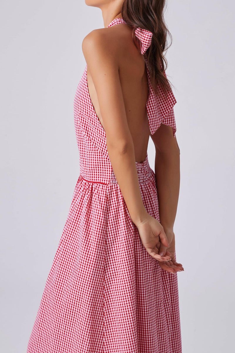 Kedera Womens Gingham Halter Maxi Dress Sleeveless High Neck Backless Red Bow Tie Long Dresses Summer Party - Image 4