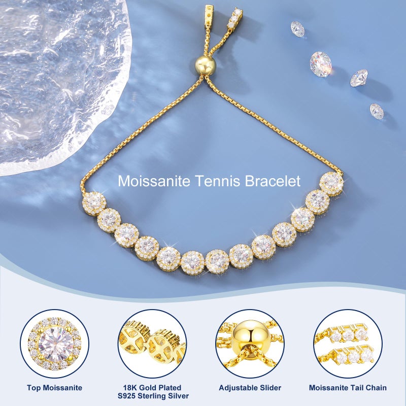 TUHE Moissanite Tennis Bracelet 4.9 Carat Lab Grown Moissanite Bracelets for Women 18K Yellow Gold Plated S925 Sterling Silver 5MM Halo Bracelet Adjustable Bracelet Christmas Gifts - Image 3