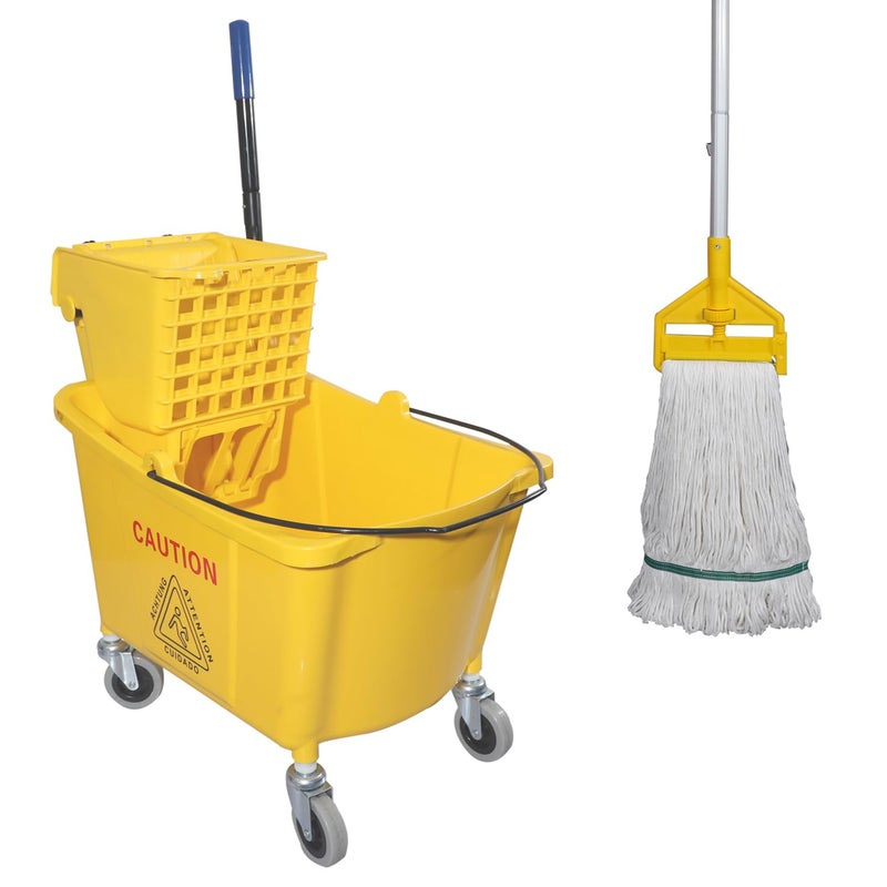 Midoneat Commercial Mop Bucket with Side Press Wringer on Wheels, Including One Commercial Mop, 35 Quart, Yellow - Image 1