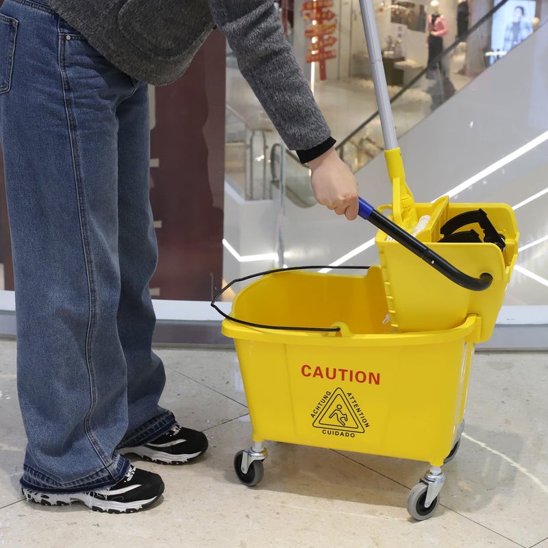 Midoneat Commercial Mop Bucket with Side Press Wringer on Wheels, Including One Commercial Mop, 35 Quart, Yellow - Image 4