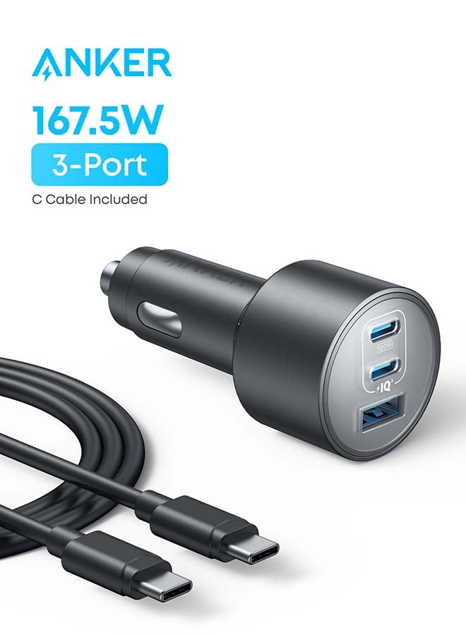 شاحن سيارة، 167.5 واط كحد أقصى محول شاحن سيارة 3 منافذ، محول USB-C ل MacBook Pro/Air، iPhone 17/16 سلسلة، Samsung S24/S23، iPad، Huawei، Xiaomi، Vivo، Oppo (كابل USB-C إلى C متضمن) - Image 1