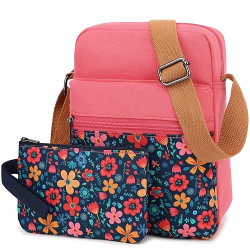 Leaper Flower Messenger Bag Small Canvas Crossbody Bag and Purse Set for Women (SD21-Pink) - Image 2