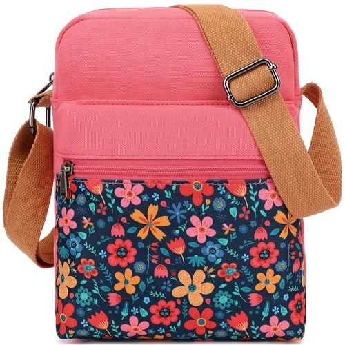 Leaper Flower Messenger Bag Small Canvas Crossbody Bag and Purse Set for Women (SD21-Pink) - Image 1