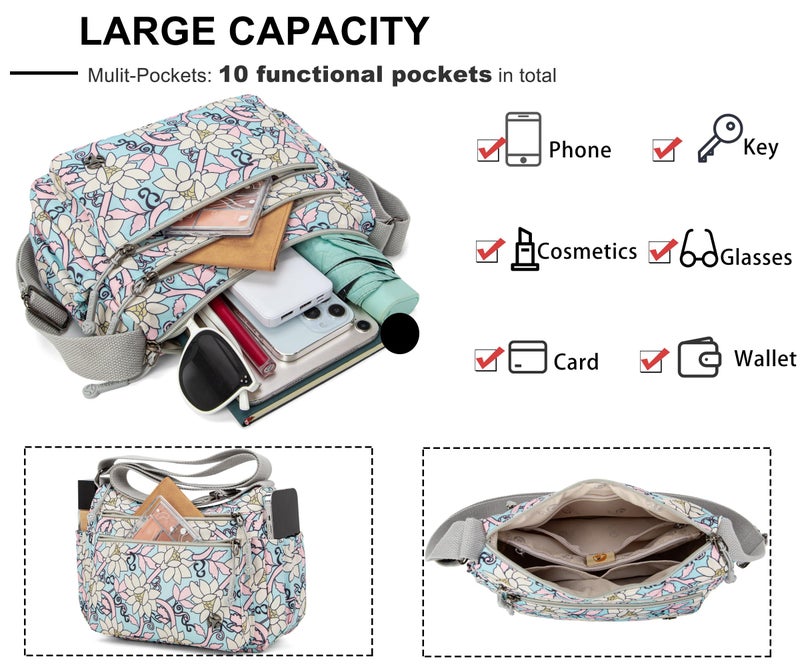 Wytidian Crossbody Bags for Women Waterproof Nylon Shoulder Bag Roomy Multiple Pockets Messenger Purses Handbags (Floral 01) - Image 5