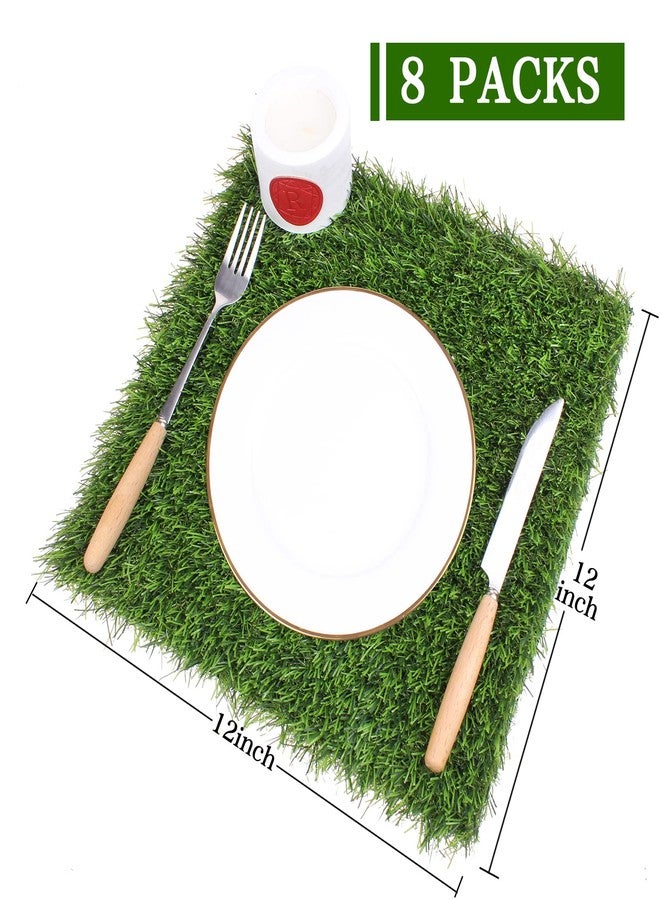 Kesfey 8 Packs 12 x 12 Inch Squares Grass Placemats Artificial Grass Mat Fake Turf Astroturf Squares Placemat Synthetic Grass Turf Patch Washable Green Fake Grass Patch Tiles for Outdoor Picnic Party - Image 2