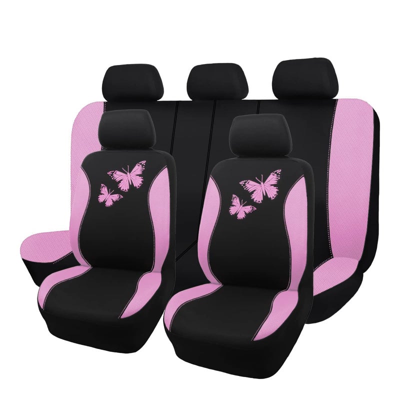Flying Banner Butterfly car seat Covers ful Set Fashion Universal Lady Woman Female Rear Bench Split Colorized (Pink Black, Full Set) - Image 1
