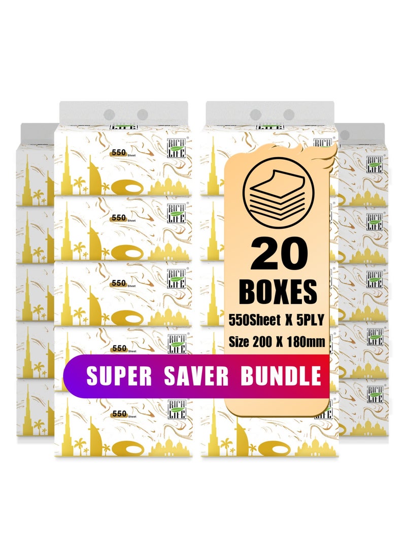 Rich Life Facial Tissue - Premium Quality 5-Ply - 550 Sheets | 20 Value Packs | Soft, Durable & Moisture Proof | 100% Raw Wood Pulp - Ideal for Wet & Dry | Available in 5 to 40 Packs  - Image 1