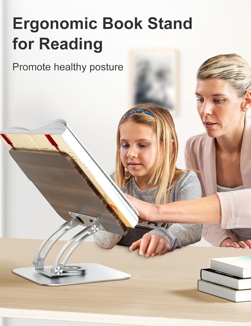 tounee Book Stand for Reading, Adjustable Book Holder with 360° Swivel Base, Foldable Cookbook Stand Recipe Holder with Elastic Page Clips for Music Scores, Recipe, Tablet, Laptop (SILVER) - Image 2